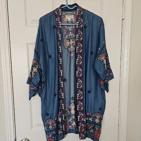 Johnny Was Piper Shirt Tail Kimono Boho Embroidered  Large Preowned - Picture 12 of 14